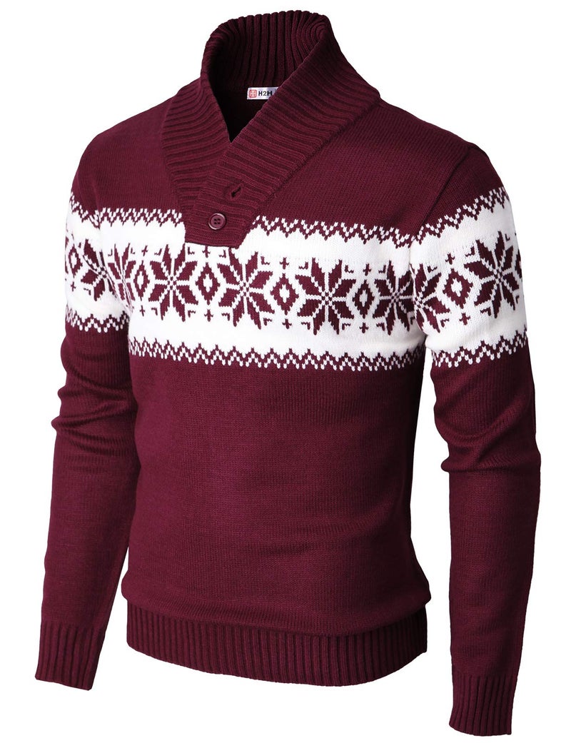 H2H Mens Casual Slim Fit Shawl Collar Pullover Sweater with Snowflake Pattern Wine US M/Asia L (KMOSWL0102) - Image 1